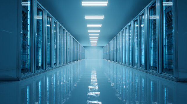 Rows of servers in a modern data center, cool blue lighting, symmetrical futuristic corridor