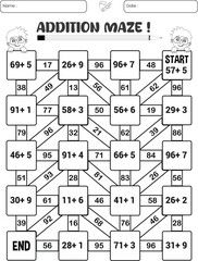 Addition maze puzzle worksheet for children