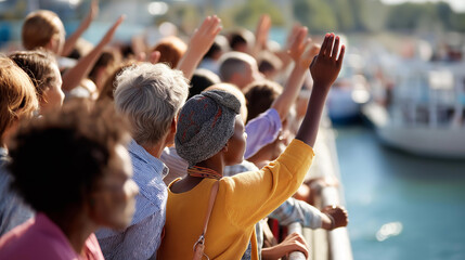Defocused diverse passengers at farewell party celebrating voyage faceless travelers toasting community spirit new friendships formed journey conclusion memorable experience