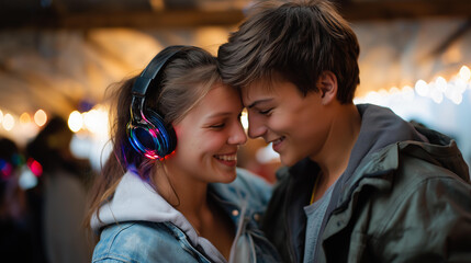 Defocused young couple at silent disco party with headphones faceless modern entertainment unique experiences electronic dance music millennial nightlife innovative party