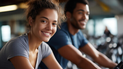 Defocused athletic couple at spin class in fitness center faceless workout routine healthy vacation fitness commitment active lifestyle exercise together stationary bikes