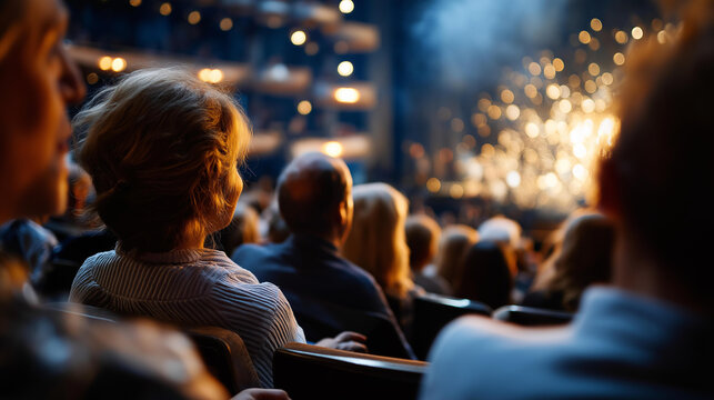 Defocused passengers watching live theater performance in cruise ship auditorium faceless audience enjoying Broadway style show entertainment at sea cultural enrichment