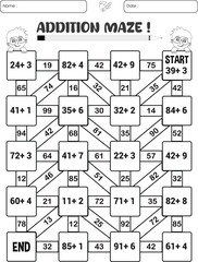 Addition maze puzzle worksheet for children