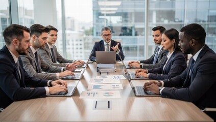 Business meeting with diverse professionals discussing strategy in office  