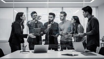 Team discussing project ideas in modern conference room with glass walls  