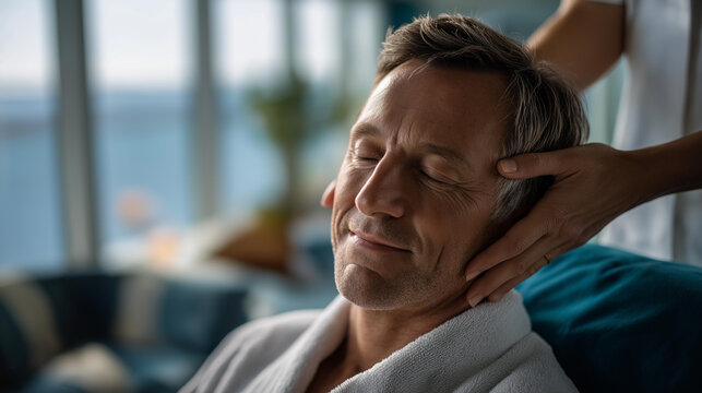 Defocused senior man enjoying massage at luxury cruise spa faceless wellness treatment for mature traveler relaxation therapy at sea health and wellness vacation peaceful spa - Powered by Adobe