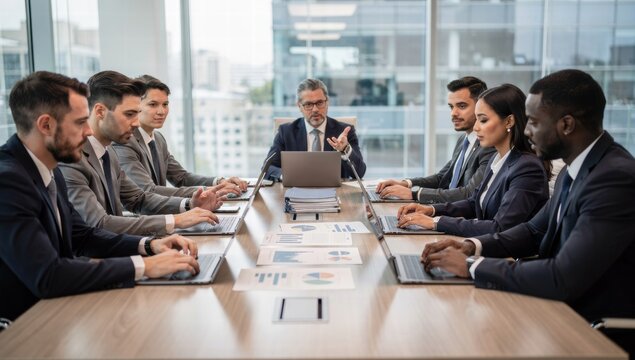 Business meeting with diverse professionals discussing strategy in office  