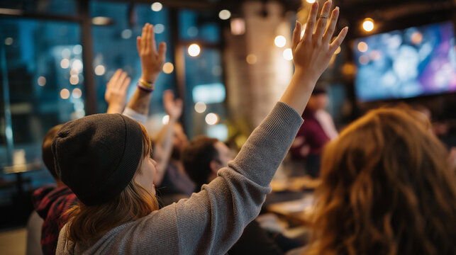 Defocused group at trivia night competition in lounge faceless passengers participating interactive entertainment social activities team building games evening fun with copy