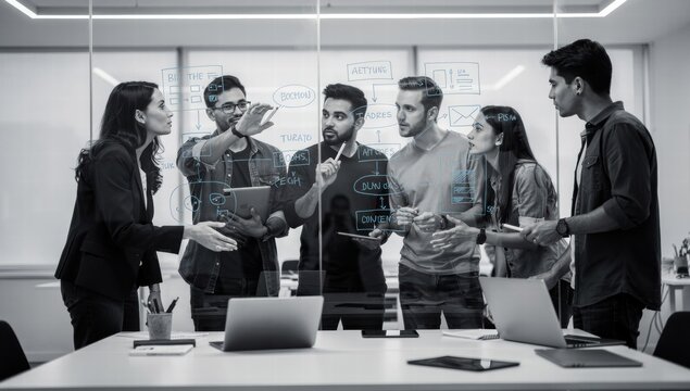 Team discussing project ideas in modern conference room with glass walls  