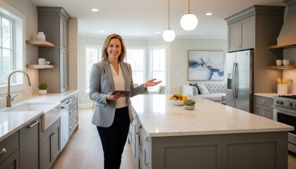 Woman presenting a modern kitchen with grey cabinets and island  