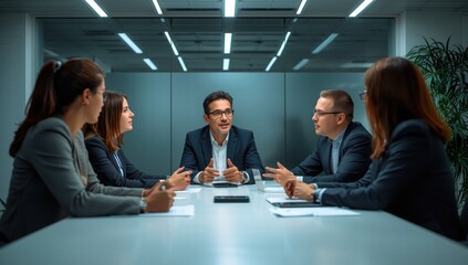 Business meeting with diverse professionals discussing strategies in office