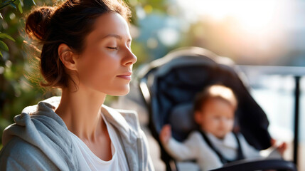 Defocused young mother practicing meditation while baby naps in stroller faceless mindfulness moments parenting balance self care practices peaceful respite wellness journey