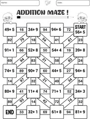 Addition maze puzzle worksheet for children