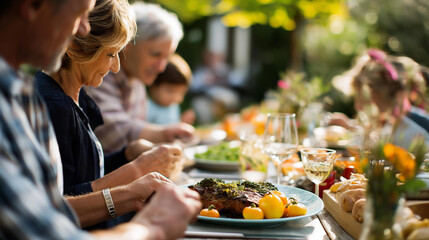 Defocused multigenerational family at poolside barbecue buffet faceless casual dining experience family meal together variety of ages informal gathering vacation feasting