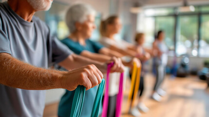 Defocused senior exercise class with resistance bands on deck faceless fitness for older adults healthy aging low impact workout wellness programs active retirement exercise