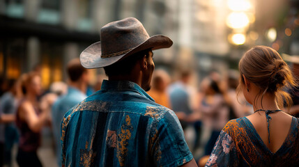 Defocused passengers at country western line dancing faceless travelers learning steps themed entertainment social dancing cultural activities active participation with copy