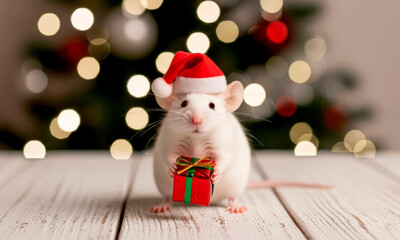 A funny white mouse in a Santa Claus hat wants to give you a good luck gift for Christmas and New Year
