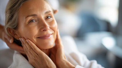 Defocused mature woman getting hair styled at ship salon faceless beauty services self care activities pampering experience vacation grooming confidence building salon chair