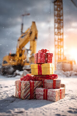 Christmas gifts with ribbons on snowy construction site, excavator and crane in background, snowfall and sun breaking through winter clouds.