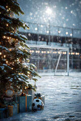 Obraz premium Christmas tree closeup with gifts on snowy soccer field, goal in background, snowfall and sun. Concept of resting soccer field during Christmas time.