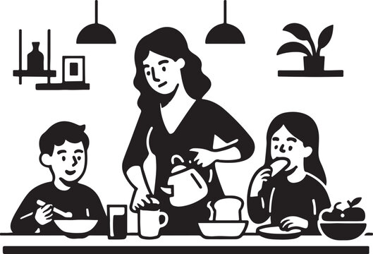 Mom serves kids breakfast at home table, family bonding moment