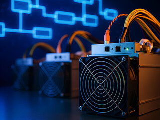 A close-up of a working GPU-based rig with glowing circuits and active cooling, a modern cryptocurrency mining technology
