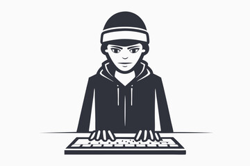 Silhouette of a young man using computer keyboard and wearing beanie hat