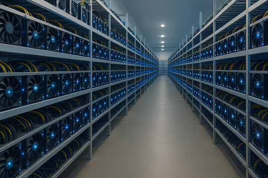 Wide shot of a large GPU mining farm with rows of illuminated hardware racks computing blockchain data