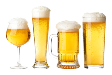 Four glasses of golden beer with foamy heads drinks beer, golden, foamy, heads, drinks, beverage, alcohol, refreshment, pub, bar, celebration, party, cheers, glass, mug, pint, lager, ale, draft, cold,