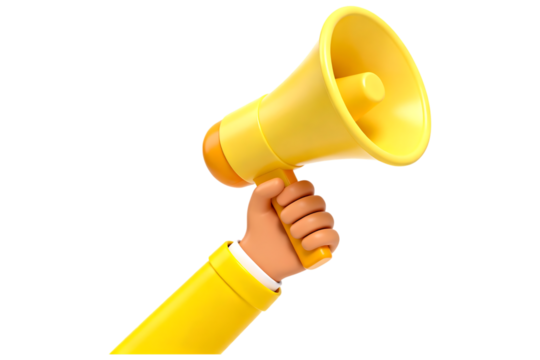 Cartoon hand holding bright yellow megaphone on black megaphone, hand, cartoon, yellow, orange, black background, communication, announcement, shouting, speaking, alert, attention, news, information, 