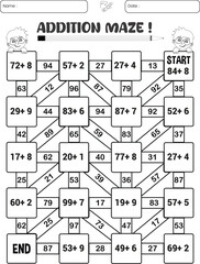 Addition maze puzzle worksheet for children