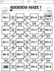 Addition maze puzzle worksheet for children