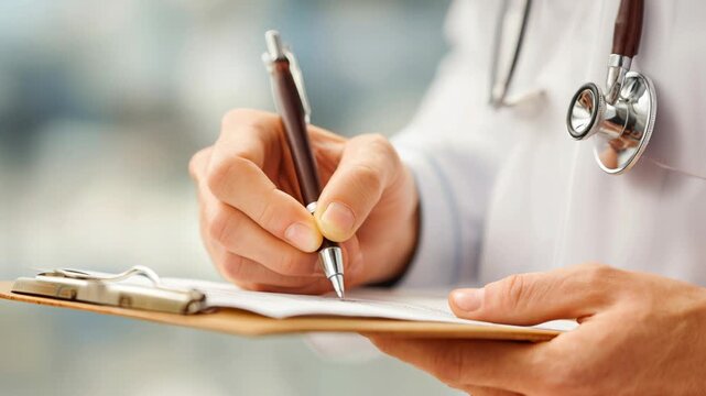 A male doctor with short brown hair writes notes on a clipboard. He wears a white coat and holds a pen. The background is blurred, suggesting a medical environment.
