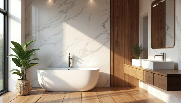 Modern bathroom with freestanding tub and dual sinks. Marble and wood accents create a serene, minimalist space. Natural light streams through large window, illuminating the clean design. - Powered by Adobe