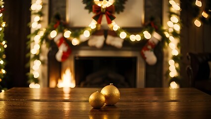 Festive Christmas Fireplace Scene with Golden Ornaments and Stockings