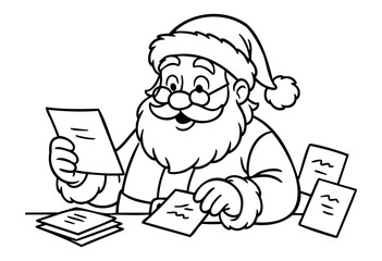 Santa Claus: a cheerful character in line art style, diligently reading and sorting numerous children's wish letters for Christmas.