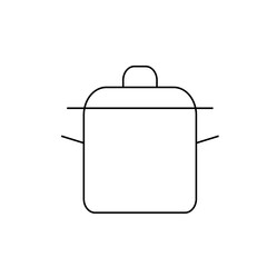 Illustration of a cooking pot with a lid and handles, depicted in a simple outline style drawing
