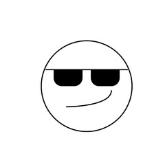 A simple line drawing of a cool smiley face with black sunglasses and a slight smirk on a white background