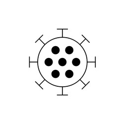 Illustration of a round virus cell with seven black circles inside and six t shaped spikes around