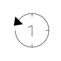 Clockwise arrow circling a clock face with a single line representing the number one in the center