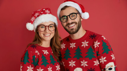 Fototapeta premium Couple wearing matching festive Christmas sweaters and Santa hats