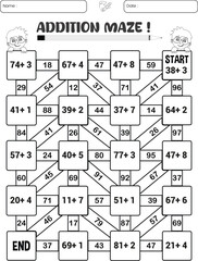 Addition maze puzzle worksheet for children
