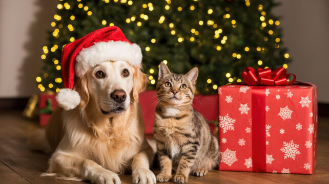 Golden retriever wearing Santa hat with tabby cat and Christmas tree - Powered by Adobe