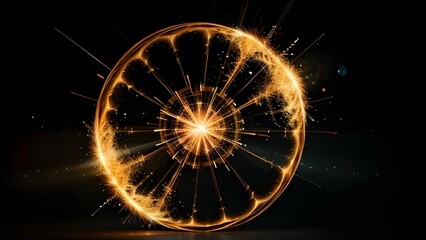 A powerful and radiant burst of golden energy forming an intricate circular pattern, representing futuristic technology and cosmic power