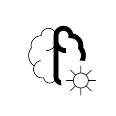 Stylized brain with a bold vertical line intersecting it and a sunburst icon to the right side