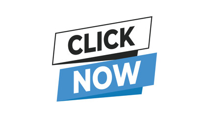Click now call to action banner graphic with bold black and white text on white and blue overlapping shapes, perfect for digital marketing campaigns Vector