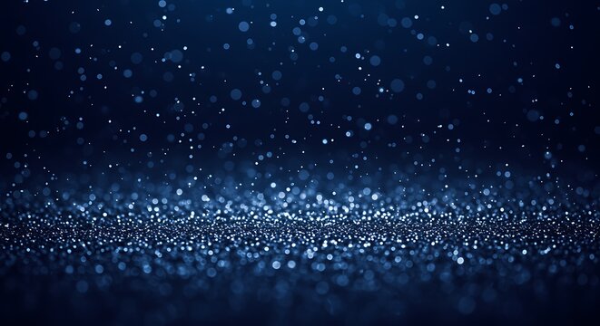 Elegant dark blue background with shimmering particles and bokeh effects