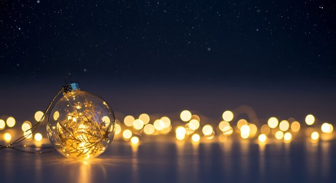 Elegant Christmas Ornament and Fairy Lights Against a Starry Dark Blue Sky