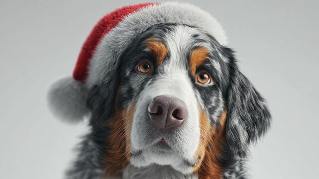 A Bernese Mountain Dog wearing a red Santa hat. The dog has a fluffy coat with black, white, and brown colors. It has expressive brown eyes and a friendly demeanor.