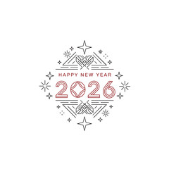 Happy New Year 2026! Geometric Line Art Vector Icon Design, Modern Minimalist Festive Greeting Card Template
